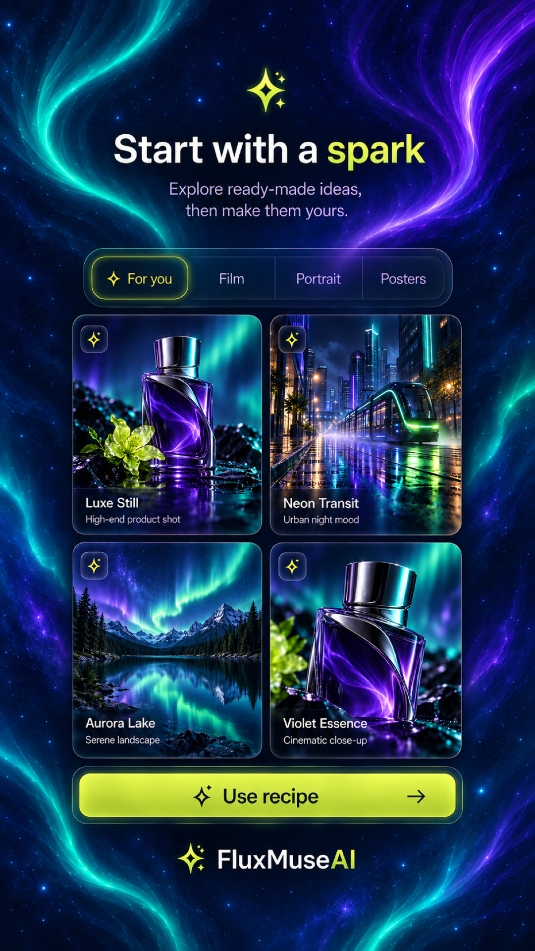 FluxMuse AI - Start with a spark template showcase